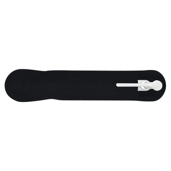 A plastic pen in a sleek, black design with a white writing tip.