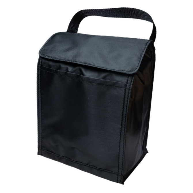 A black cooler lunch bag with a flap closure and a handle, featuring a front pocket and a simple design.