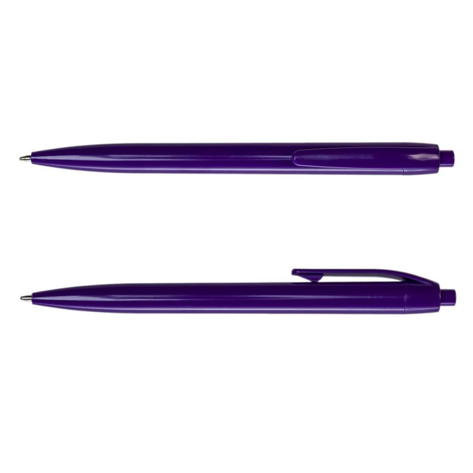 A purple plastic pen with a smooth barrel and clip, featuring a sleek design and a logo.