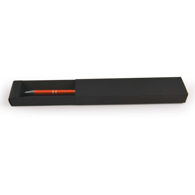 A black cardboard pen box containing a pen. The box is elongated and features a minimalist design.