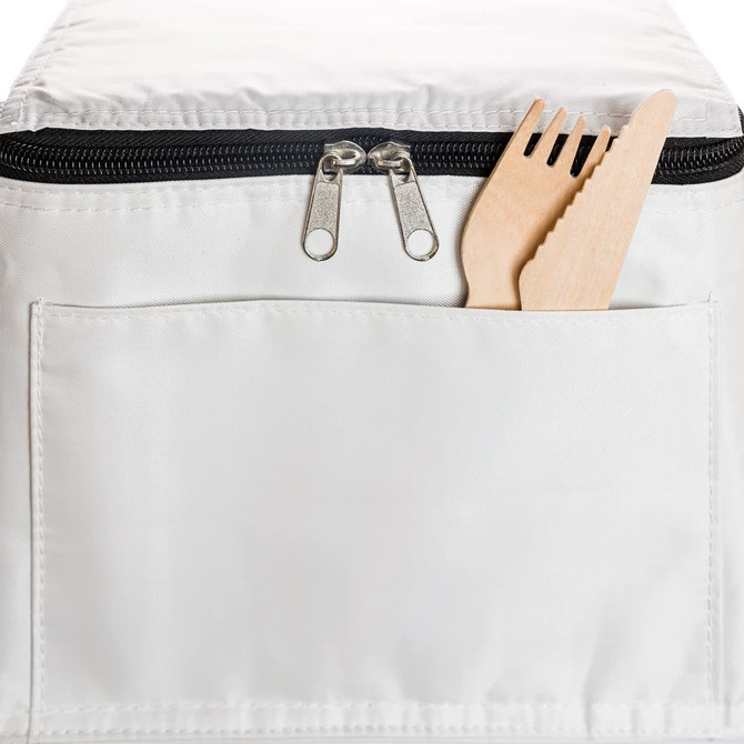 A white cooler bag features a zippered closure and wooden utensils peeking from a front pocket. It has a logo.