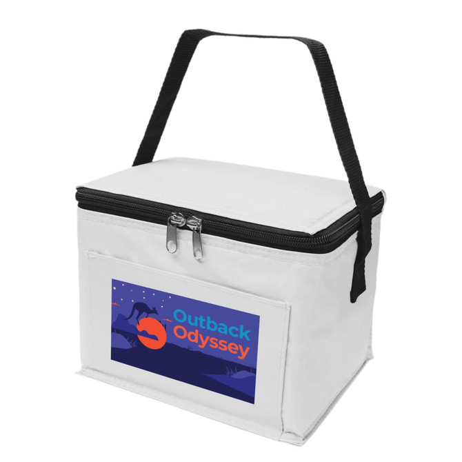 A white cooler bag with a zip closure and a black handle, featuring a logo on the front.