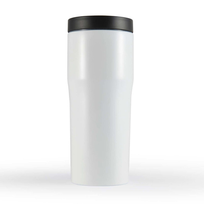 A drink bottle designed for travel, featuring a sleek white body and a black lid.