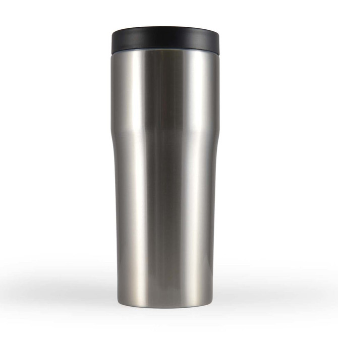 A drink bottle featuring a sleek stainless steel design with a black lid, intended for travel use.