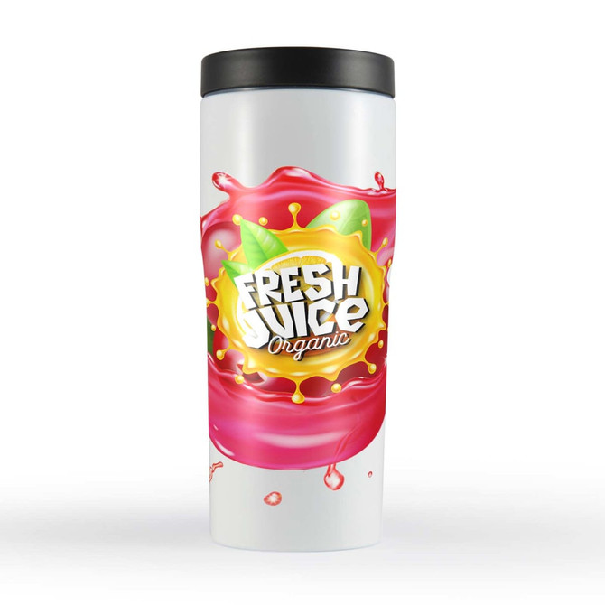 A drink bottle featuring a vibrant design with splashes of red and green, topped with a black lid and a logo.