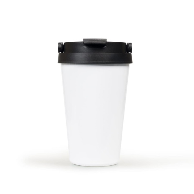 A drink bottle featuring a white body with a black lid, complete with a logo. Ideal for travel or outdoor use.