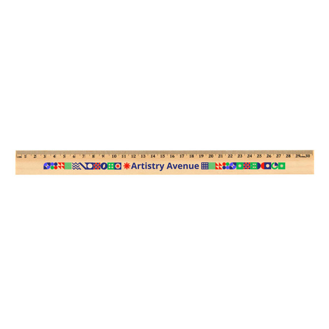 A 30cm wooden ruler featuring colourful designs and a logo, showcasing a natural wood finish.