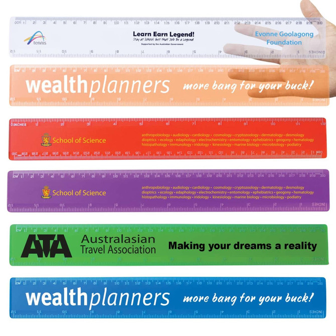 A collection of transparent rulers in various colors, each with different logos and promotional text.