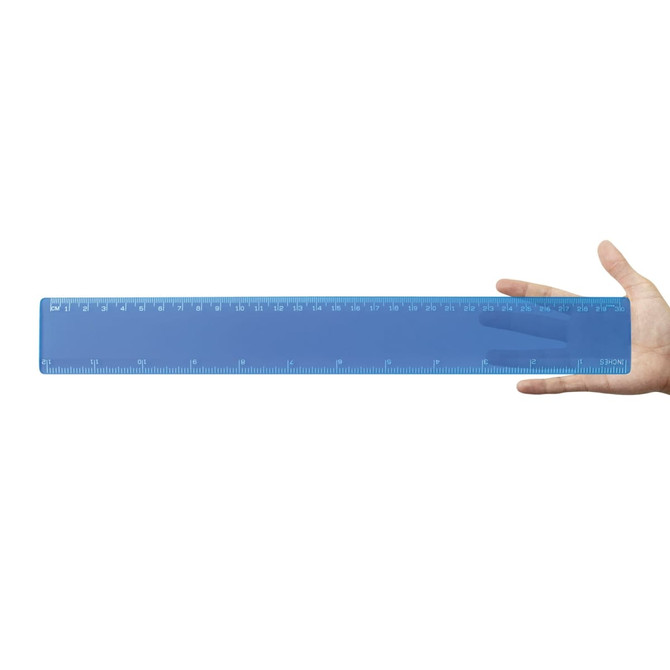 A transparent blue 30cm ruler held in a hand, featuring clear measurement markings along its length.
