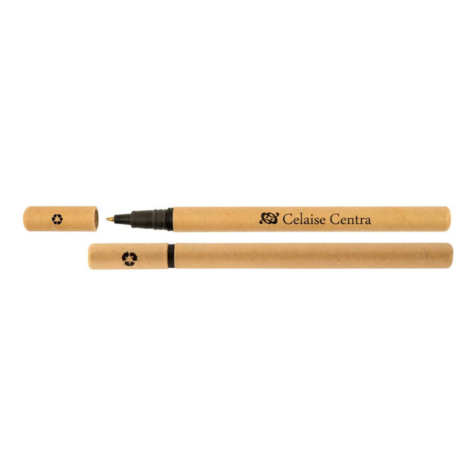 A cardboard pen featuring a black tip and a removable cap, with a logo printed on its body.