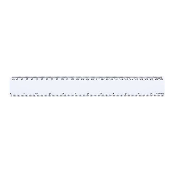 A 30cm transparent ruler with millimetre and centimetre markings, featuring a simple design and a logo.