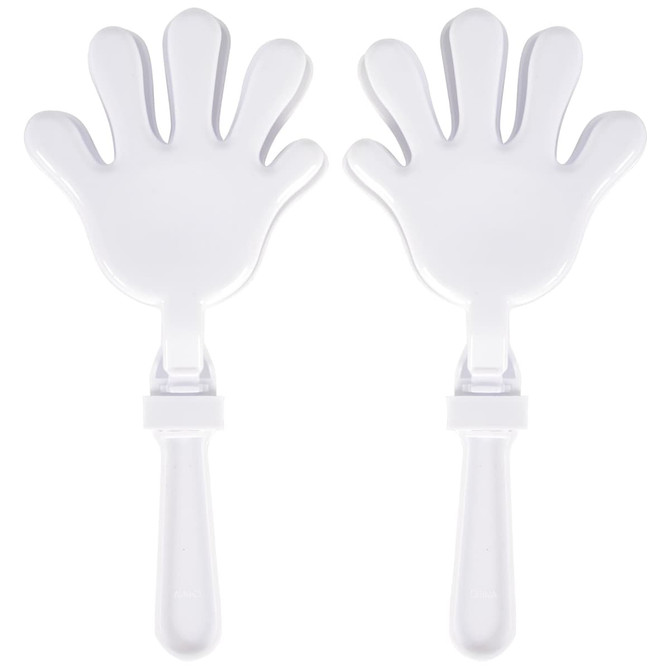 A pair of white hand-shaped clappers with clear handles, designed for making noise.