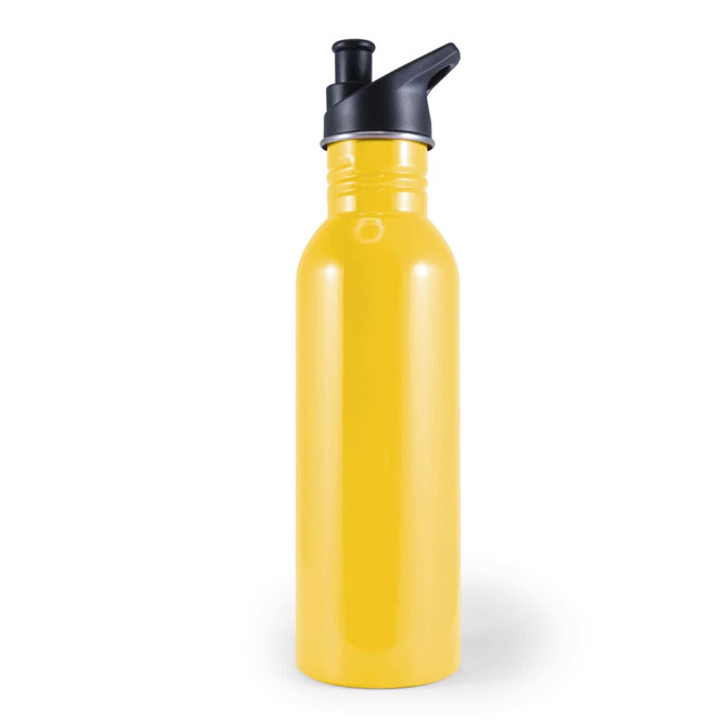 A drink bottle in bright yellow with a black lid and spout, featuring a sleek, cylindrical design.