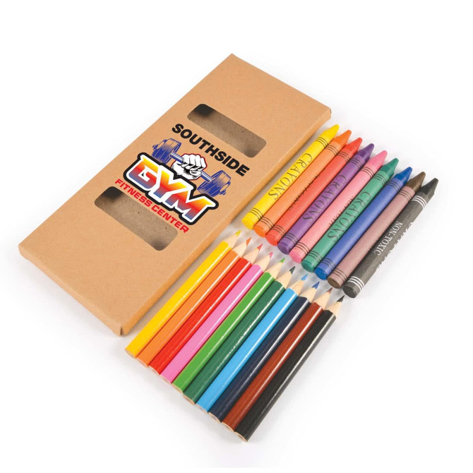A set of coloured pencils and crayons in a cardboard box, featuring various colors like yellow, blue, red, and green.