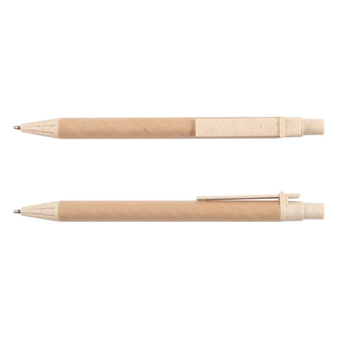 A brown eco-friendly pen with a textured surface and contrasting cream-colored details. It has a logo on one side.