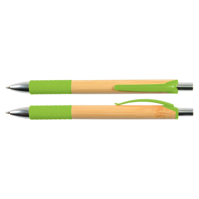 Two bamboo pens featuring green grips and clips, with silver tips for writing.