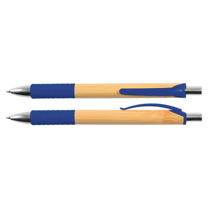 A bamboo pen with a blue grip and blue accents, featuring a silver clip and tip. It has a sleek, eco-friendly design.