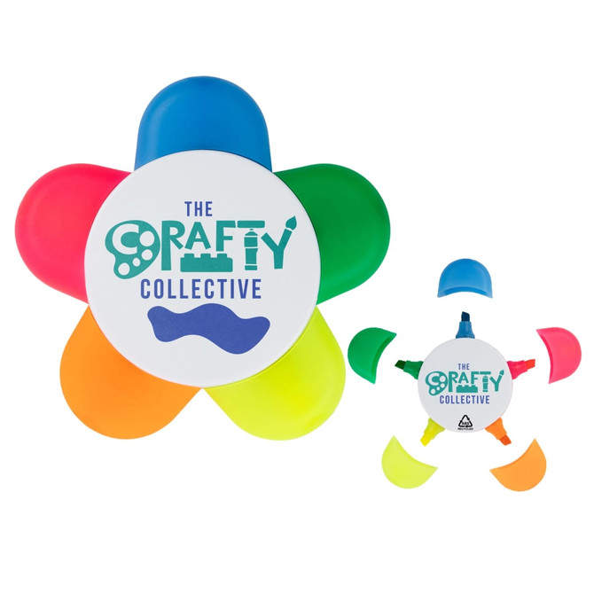 A highlighter set in a flower shape featuring blue, green, yellow, orange, and pink sections, with a logo in the centre.