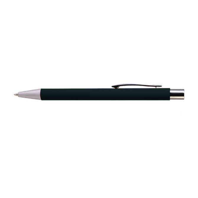 A metal pen in a dark green finish with a silver tip and clip.