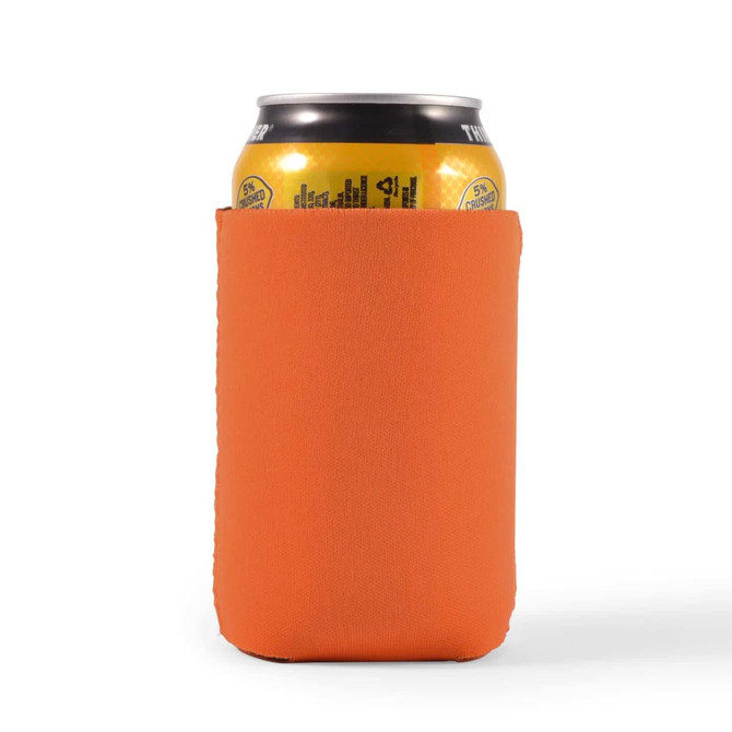 A drink bottle is fitted with a bright orange stubby cooler, designed to keep beverages cold.