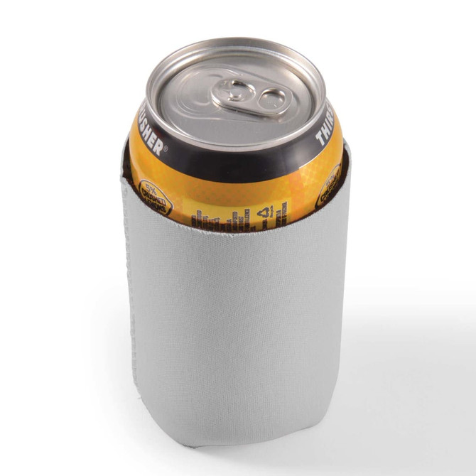 A drink can is displayed inside a gray stubby cooler. The cooler is designed to keep beverages cold.