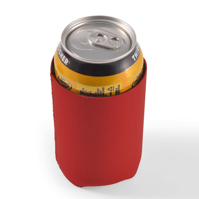 A drink can cooler in bright red, featuring a snug fit for standard beverage cans, with a logo on the side.