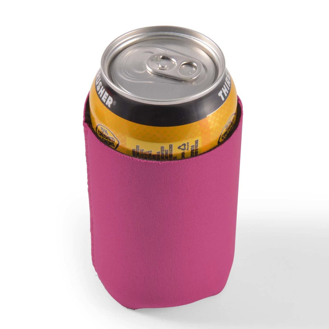 A drink bottle is wrapped in a bright pink stubby cooler, designed to maintain the temperature of the can.