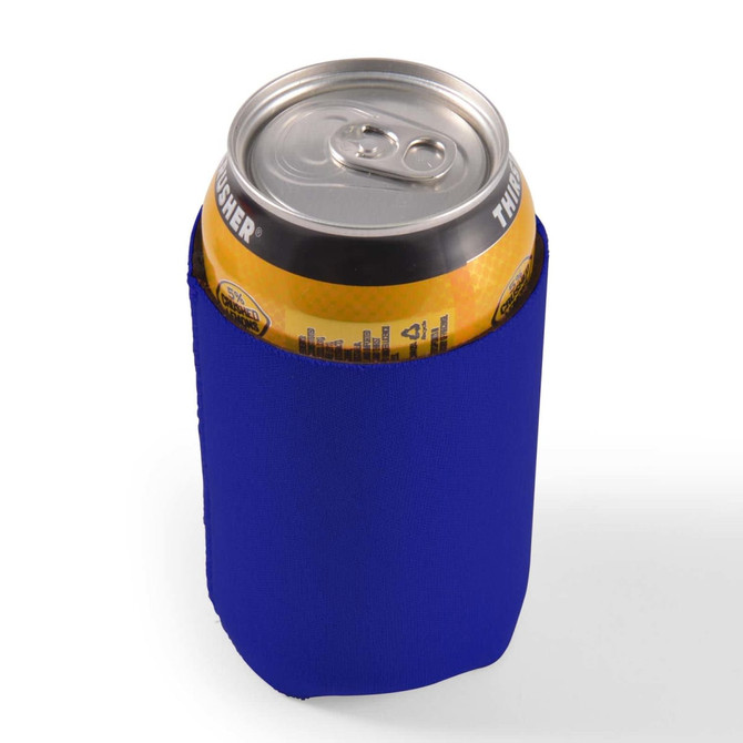 A drink can is nestled in a blue stubby cooler. The cooler is designed to keep beverages cold.