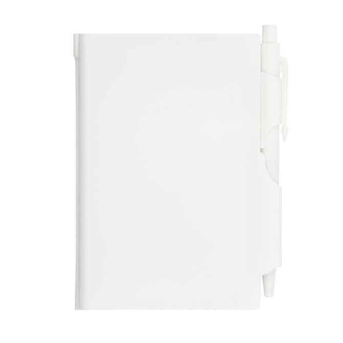 A white pocket notebook with a pen attached. The notebook features a cover and an integrated pen holder for convenience.