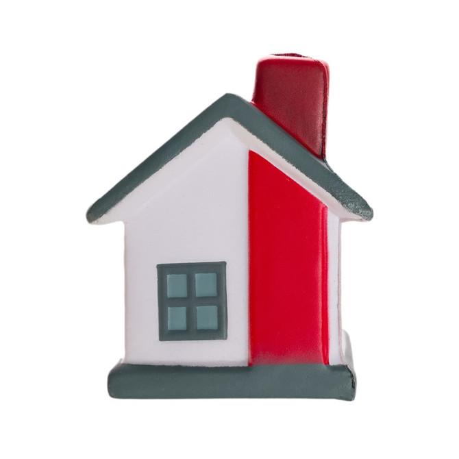 A house-shaped stress reliever with a red chimney and window details.