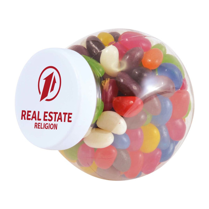 A clear container filled with assorted colour mini jelly beans, featuring various shades like red, green, yellow, and blue.