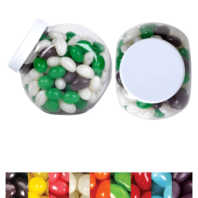 A container filled with jelly beans in assorted colors, including green, black, white, and others. The container has a lid and a logo.