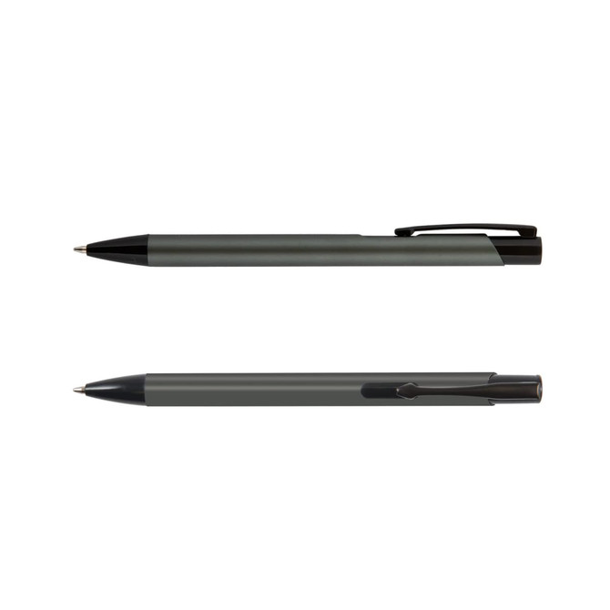 A metal pen in black and dark grey, featuring a clip and sleek design, with branding visible.