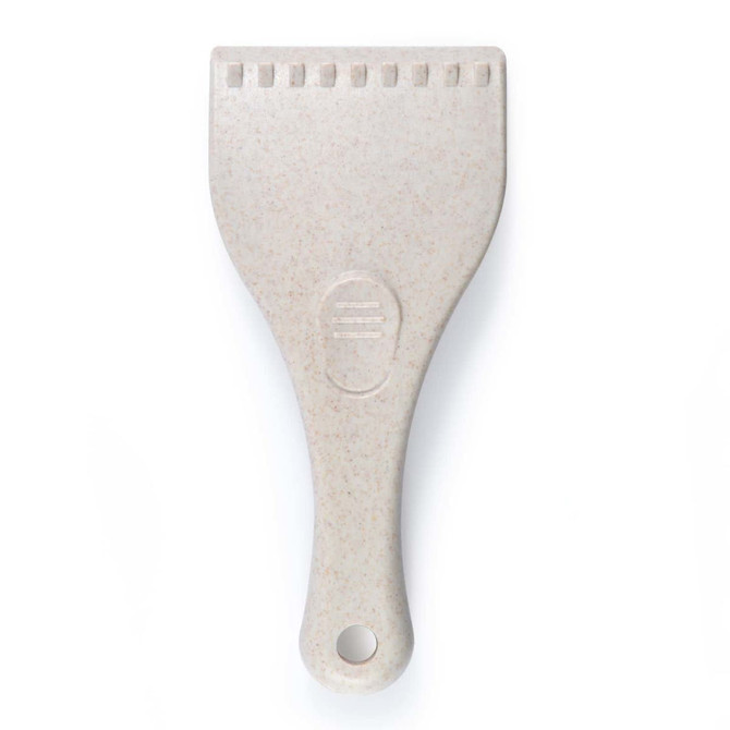 A light-colored eco-friendly ice scraper with a rounded handle and textured scraping edge. It features a logo.