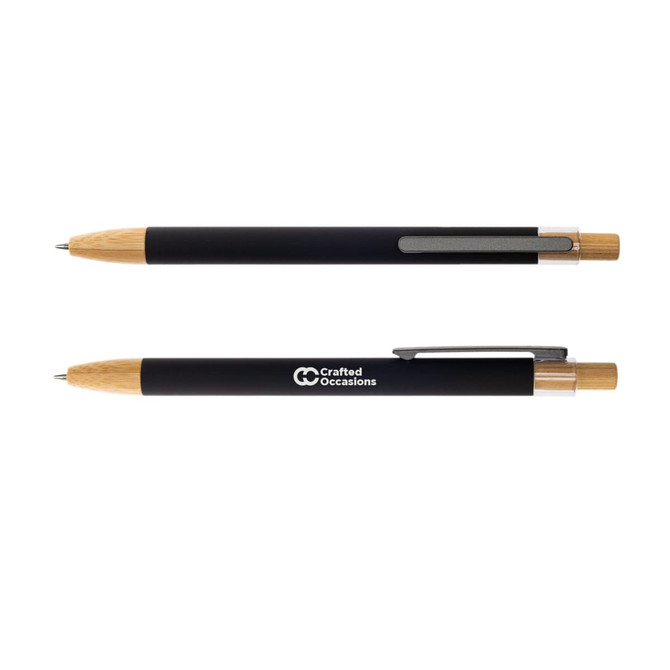A metal pen featuring a black body and wooden accents, equipped with a clip and logo branding.