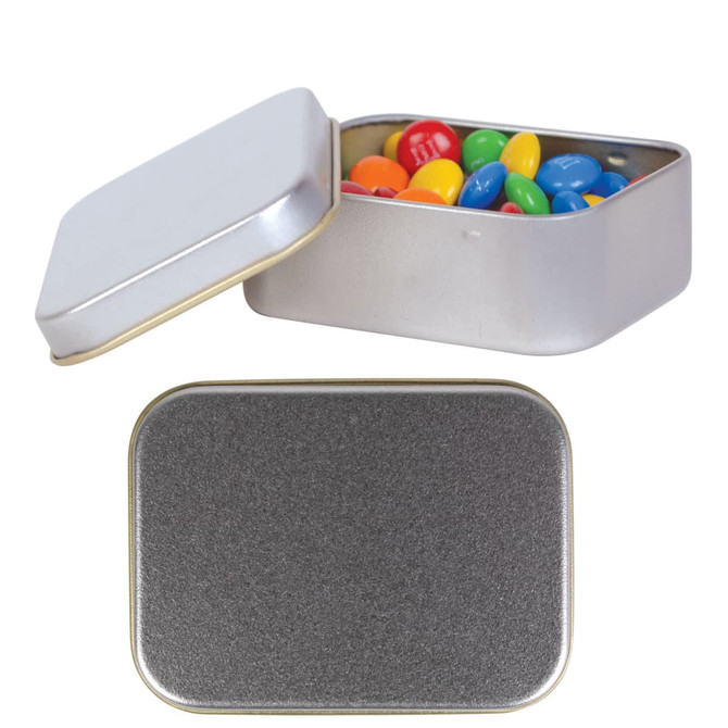 A silver rectangular tin filled with colorful M&M's candies, with an open lid revealing the contents.
