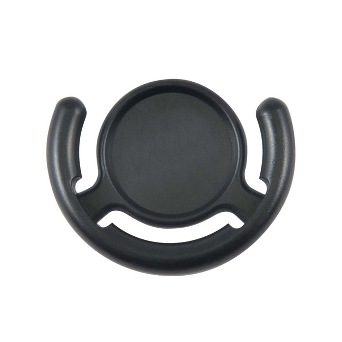 A phone grip in a sleek black design, featuring a circular base with two ergonomic side grips for easy handling.