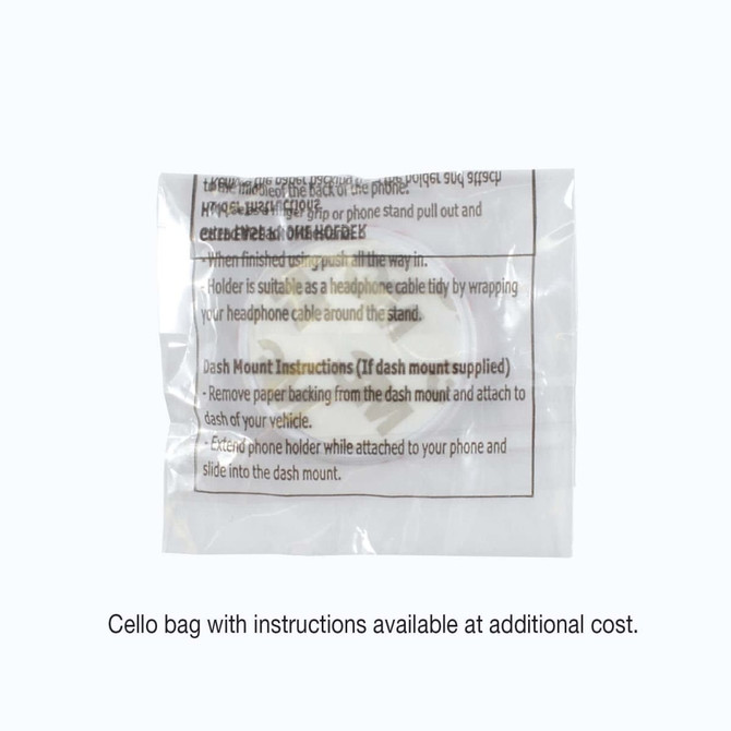 A cello bag containing instructions for a phone grip product.