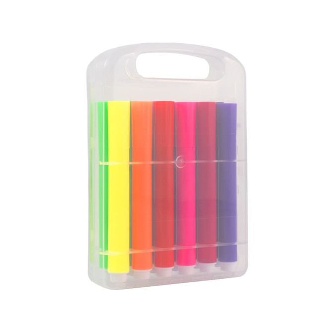 A case of felt tip pens in vibrant colors, including green, yellow, orange, pink, and purple, with a handle.