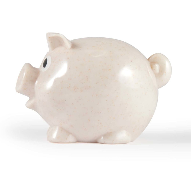 A cream-colored piggy bank with a round body, small ears, and a tail, featuring a cartoonish eye.