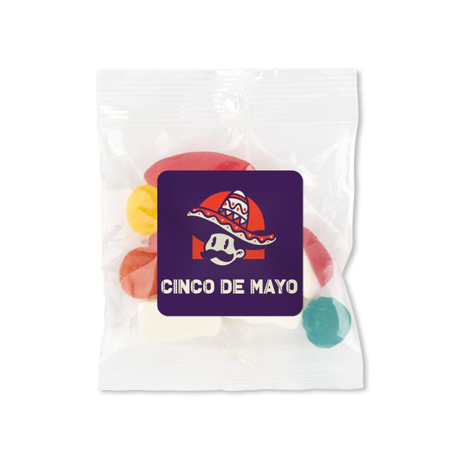 A clear bag containing assorted jelly candies in red, yellow, white, and green, featuring colorful packaging.