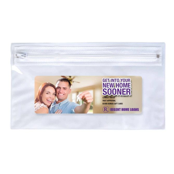 A clear pencil case with a zipper featuring a promotional image and branding, suitable for office use.