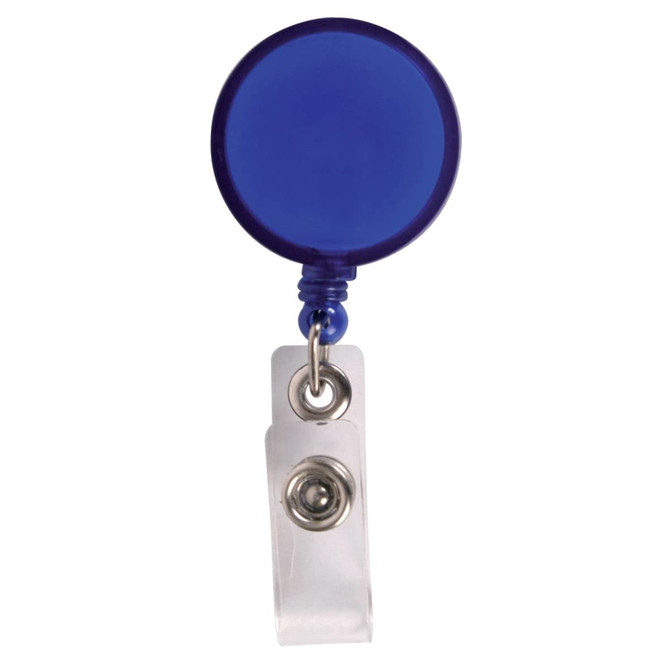 A retractable name badge holder with a round blue reel and a clear clip for attachment.