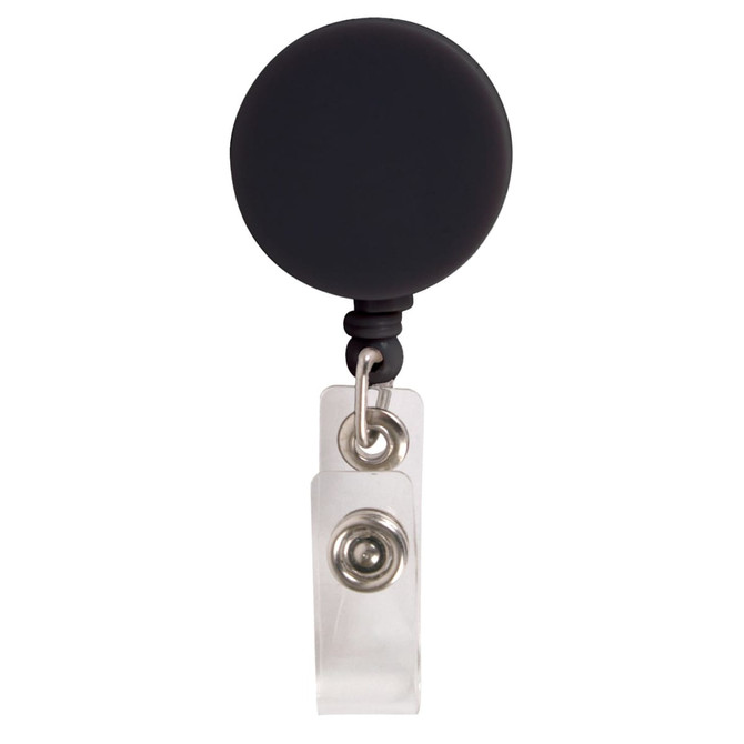 A retractable name badge holder with a black round top and a transparent strap for attaching badges.