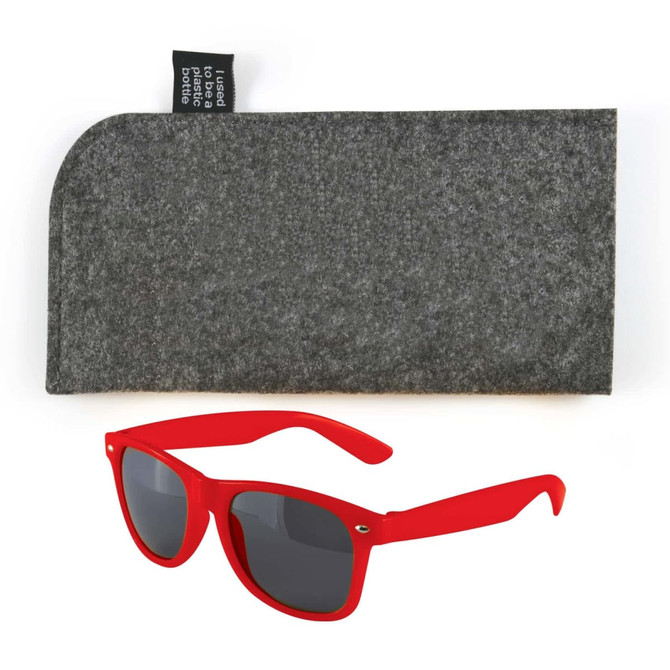 A pair of red sunglasses with dark lenses, accompanied by a gray felt carrying pouch.