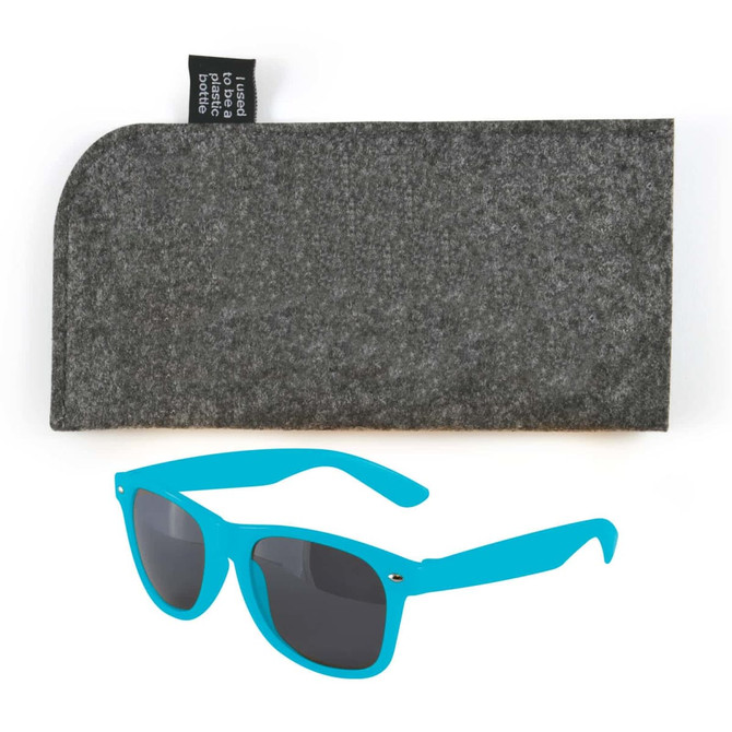 A pair of turquoise sunglasses accompanied by a gray felt case.