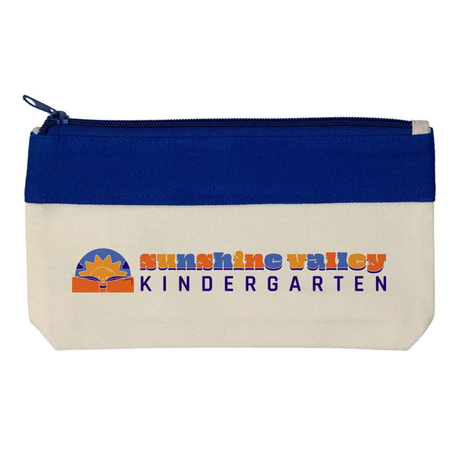 A pencil case featuring a beige canvas base with a blue zipper and a colorful "Sunshine Valley Kindergarten" logo.