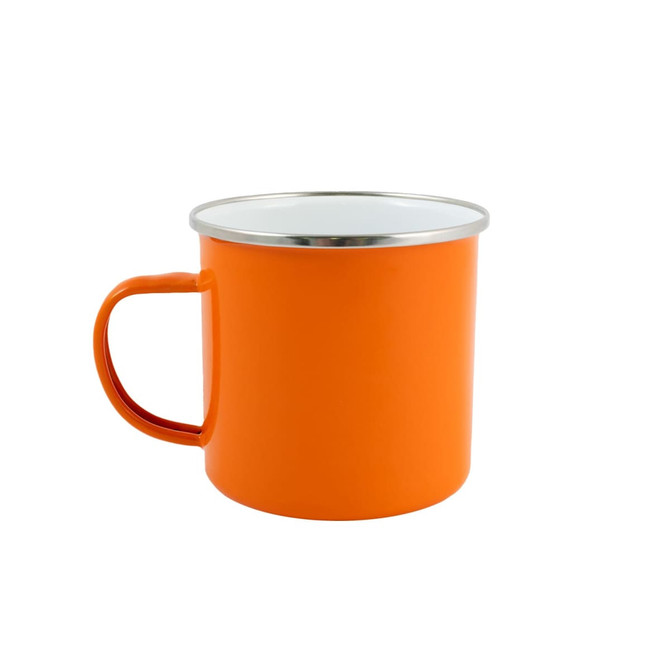 An orange enamel mug with a silver rim and a handle.