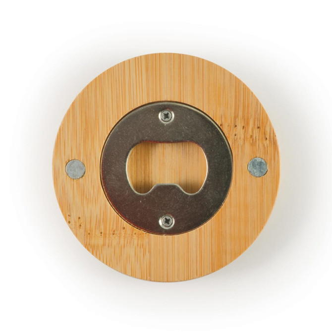 A drink bottle opener coaster made of bamboo, featuring a metal opener in the center and silver screws.