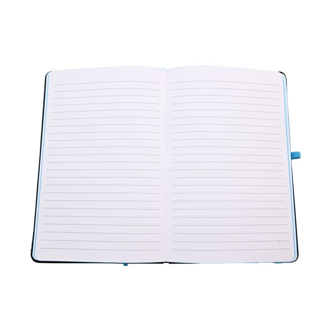 An open Venture Supreme A5 Notebook featuring blank lined pages, designed for office and business use.